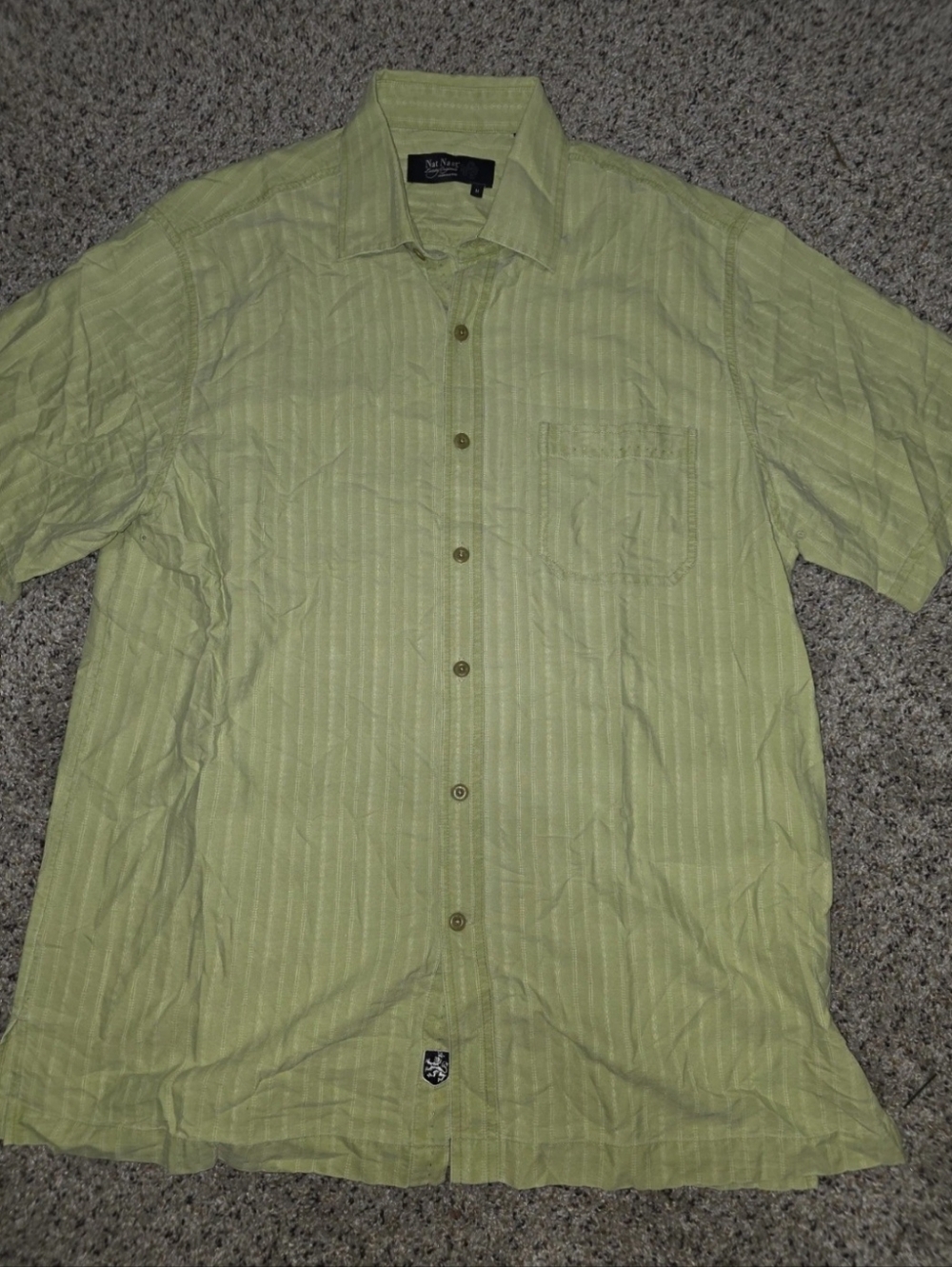 Nat Nast Luxury Originals Silk Cotton Button Shirt Green Striped Short Sleeve M